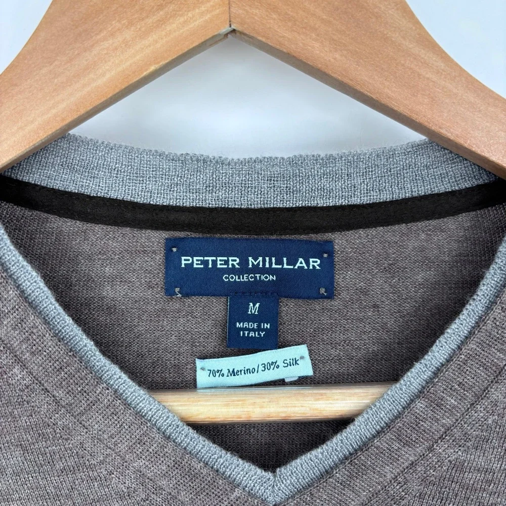 Peter Millar Merino Silk V-Neck Sweater Mens M Brown Heathered Golf Preppy